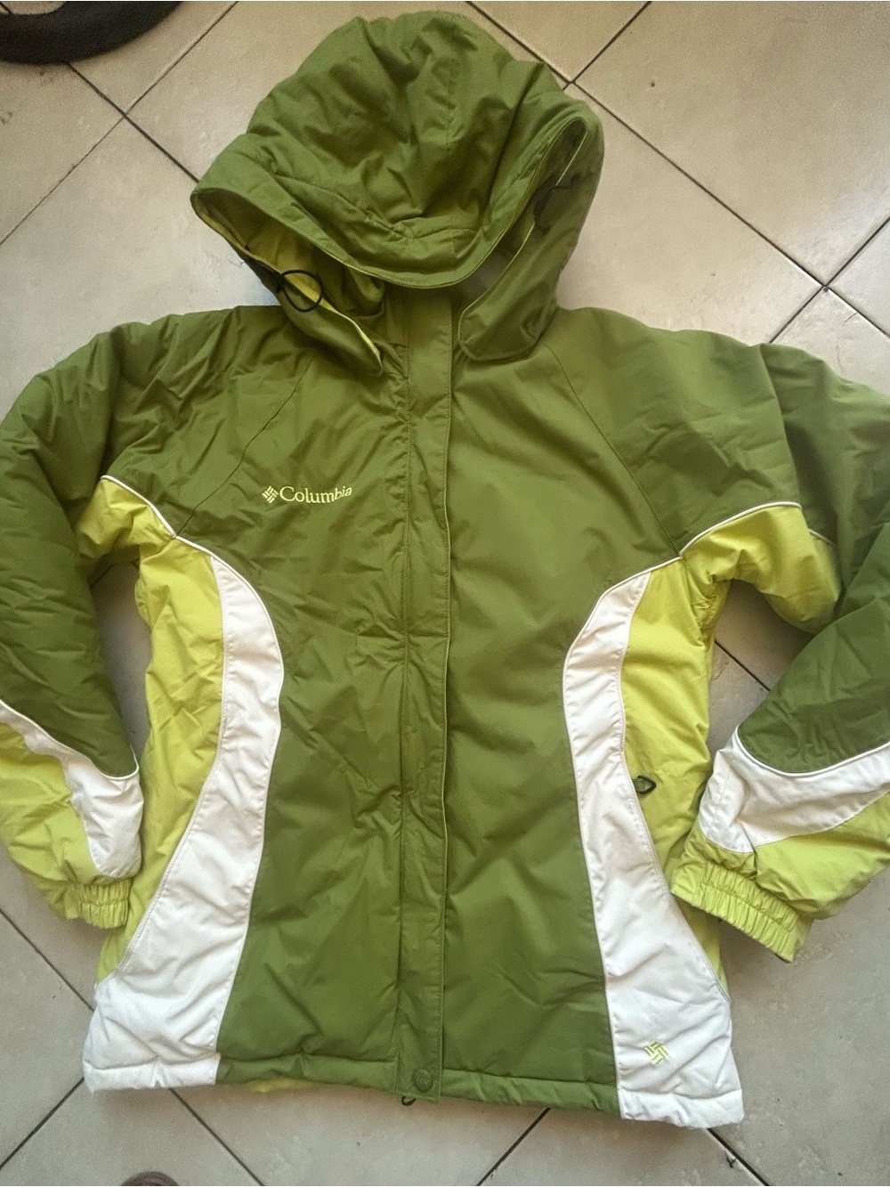 Columbia Girls Olive Green Hooded Winter Puffer with Lime & White Panels